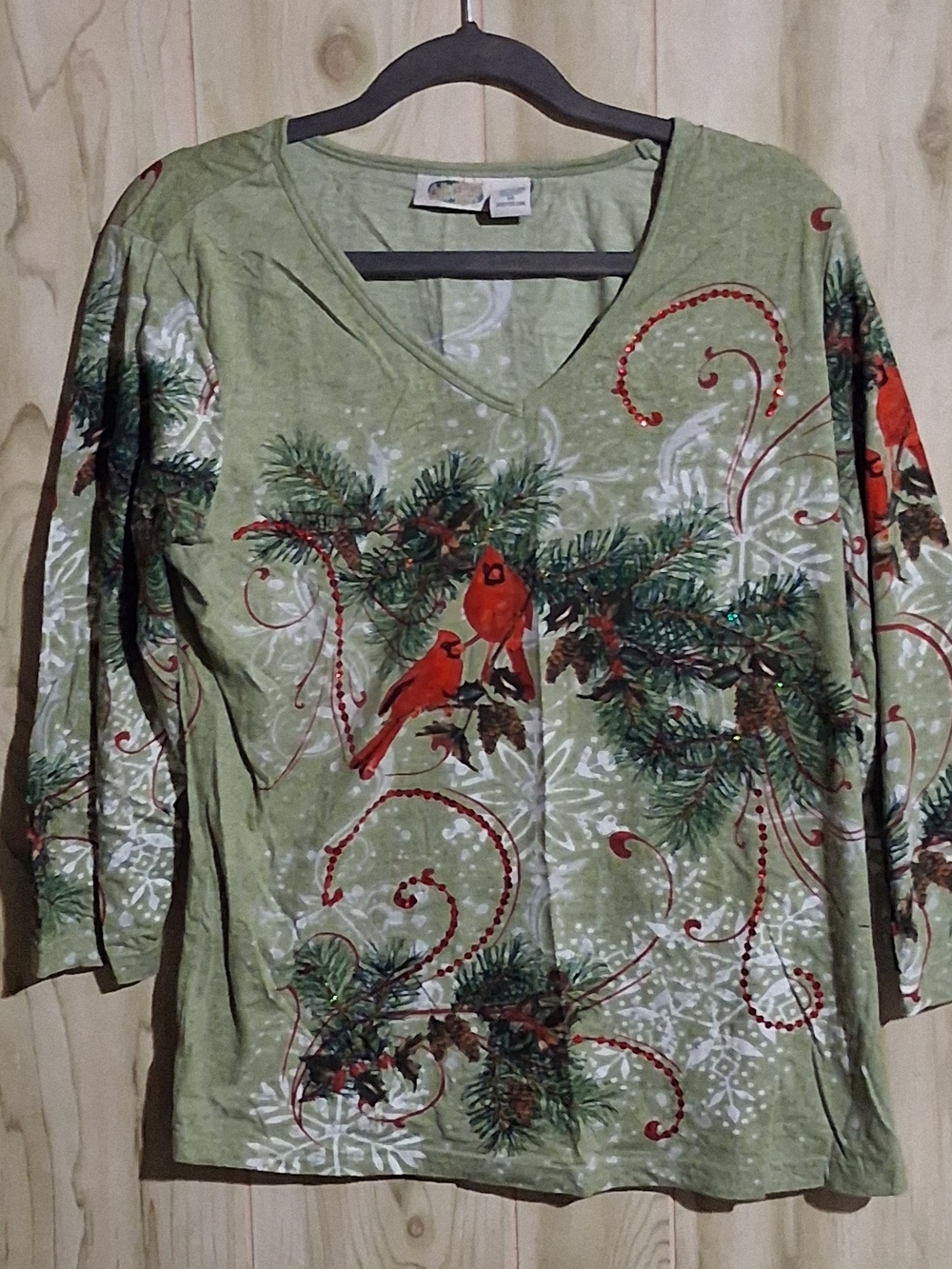 Collections ETC. Women's Green V-Neck Long Sleeve Top with Red Cardinal Print